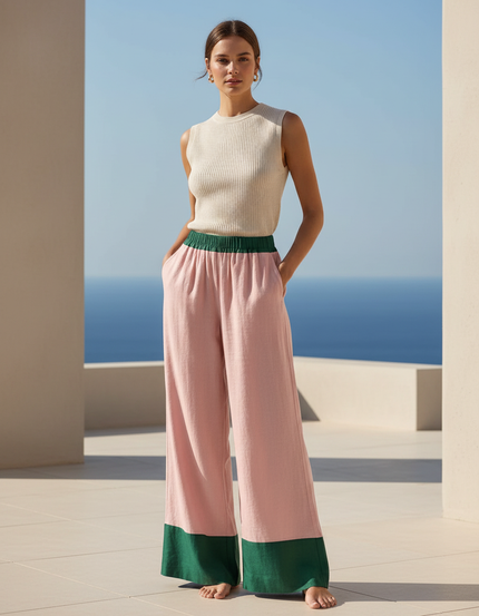 Pantalon En Lin Rose Vert Ample Décontracté Femme