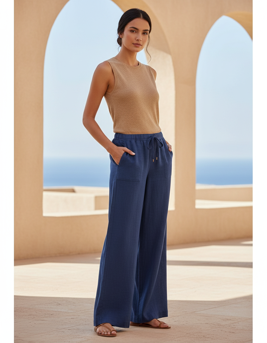 Pantalon En Lin Bleu Ample Femme Élastique Casual