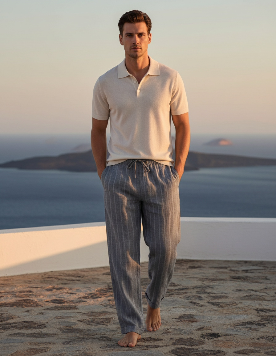 Pantalon En Lin Rayé Droit Confortable Homme - Gris