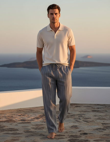 Pantalon En Lin Rayé Droit Confortable Homme - Gris