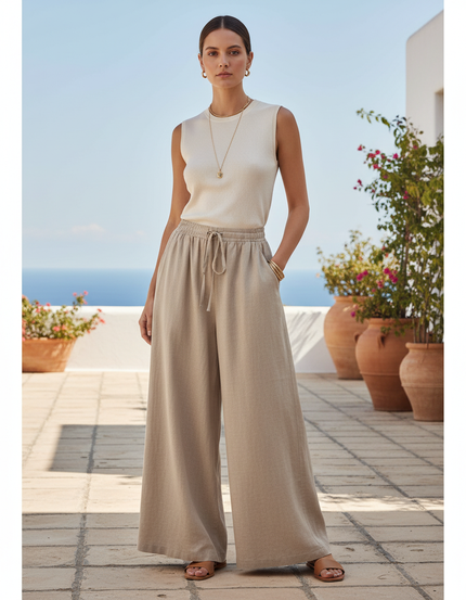 Pantalon En Lin Ample Beige Cordon Décontracté Femme