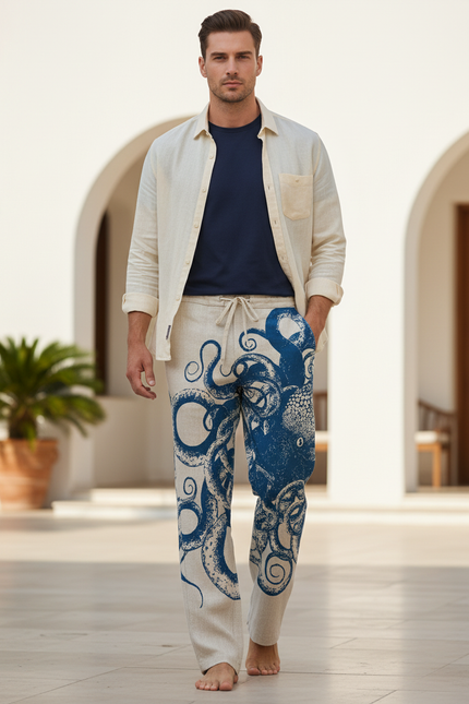 Pantalon En Lin Blanc Et Bleu - Imprimé