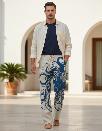Pantalon En Lin Blanc Et Bleu - Imprimé