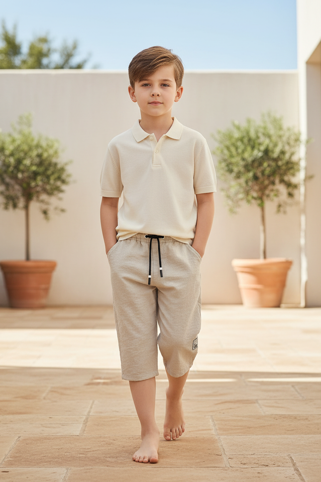 Pantalon En Lin Gris Court Décontracté Cordon Garçon - Molleton