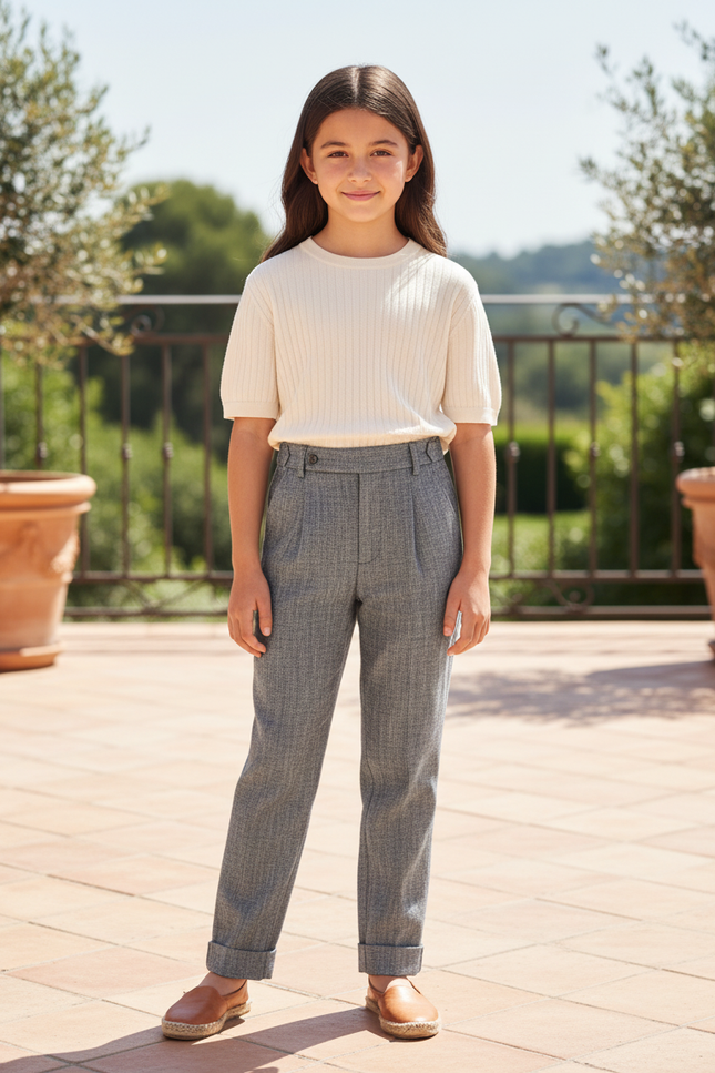 Pantalon En Lin Gris Chiné Plissé Droit Enfant