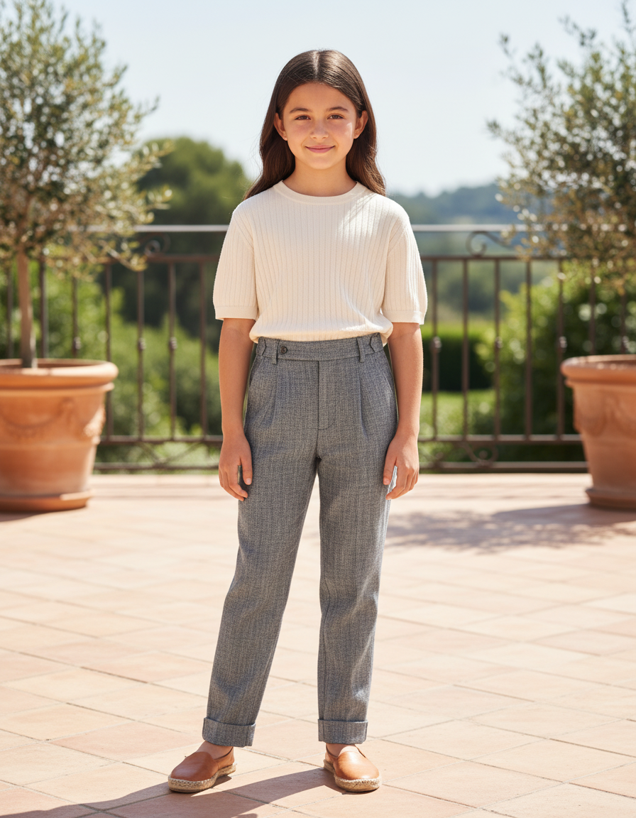 Pantalon En Lin Gris Chiné Plissé Droit Enfant