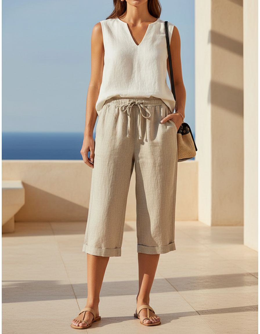 Pantalon En Lin Beige Court Décontracté Cordon Femme