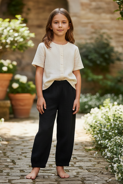 Pantalon En Lin Noir Ample Gaze Confortable Fille