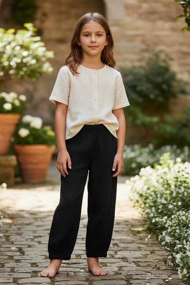 Pantalon En Lin Noir Ample Gaze Confortable Fille