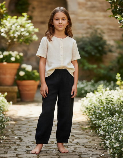 Pantalon En Lin Noir Ample Gaze Confortable Fille