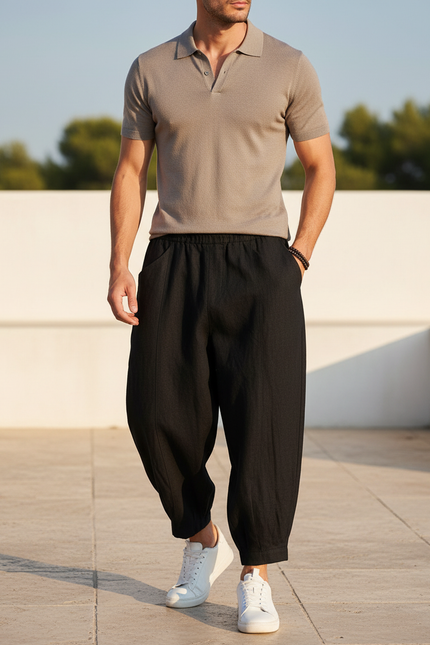 Pantalon En Lin Noir Ample Harem Homme Décontracté
