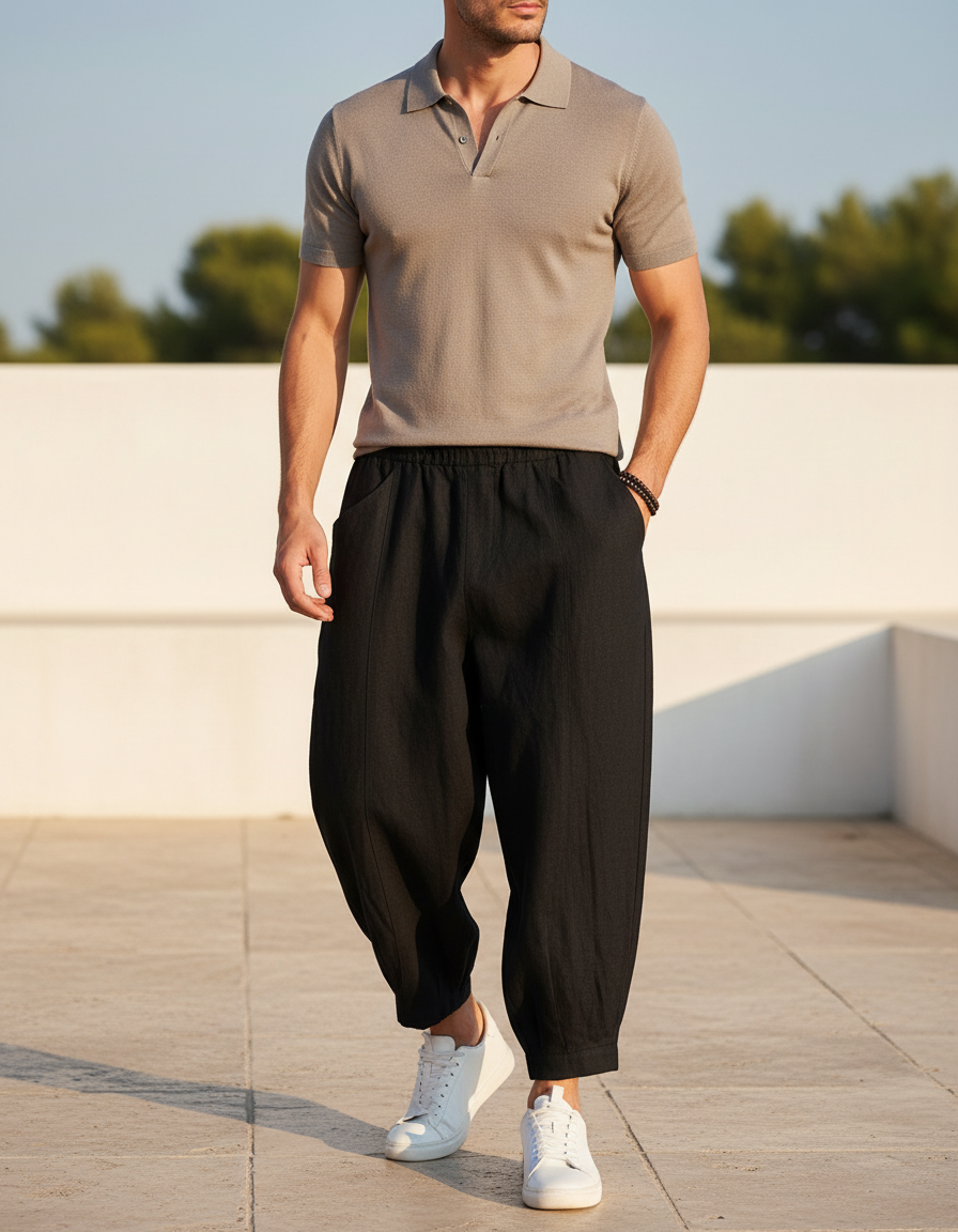 Pantalon En Lin Noir Ample Harem Homme Décontracté