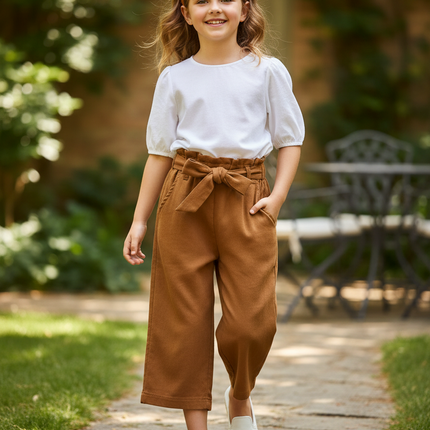 Pantalon En Lin Marron Ample Fluide Fille Ceinture