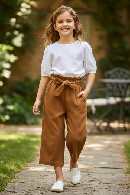 Pantalon En Lin Marron Ample Fluide Fille Ceinture