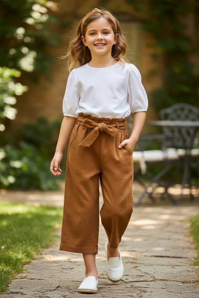 Pantalon En Lin Marron Ample Fluide Fille Ceinture