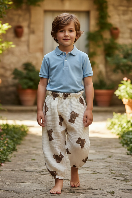 Pantalon En Lin Enfant Ample Blanc Motif Oursons
