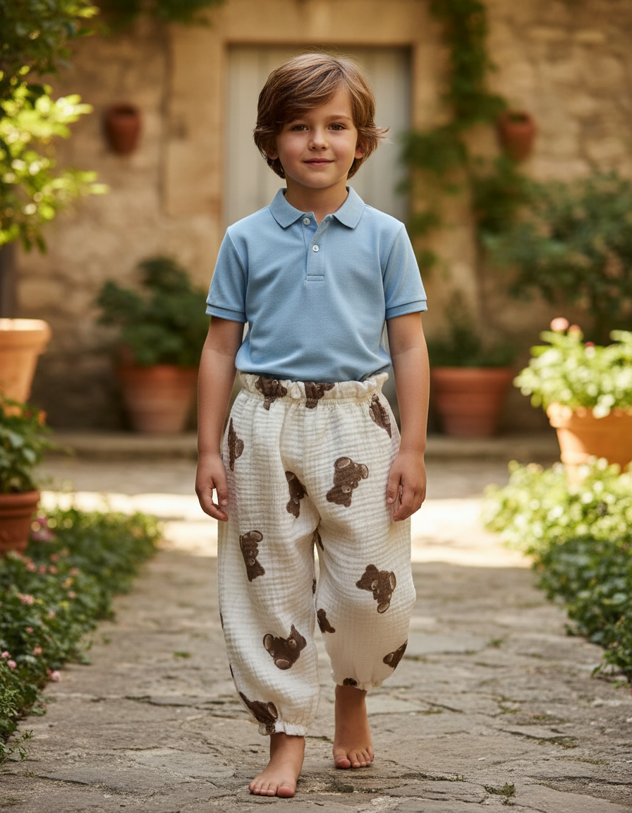 Pantalon En Lin Enfant Ample Blanc Motif Oursons