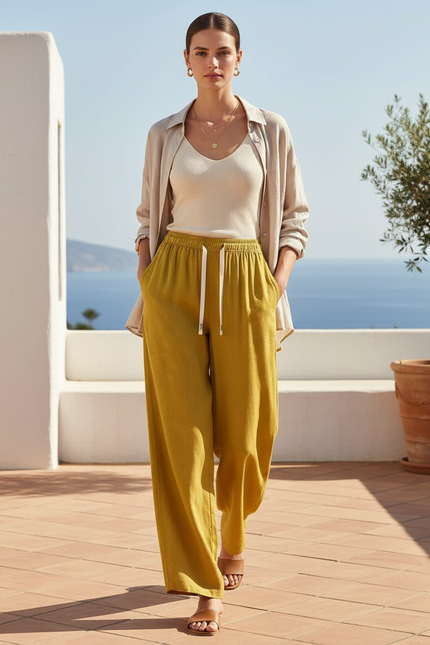 Pantalon En Lin Ample Fluide Jaune Moutarde Décontracté