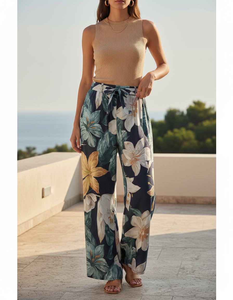 Pantalon En Lin Fleuri Ample Fluide Estival Noir