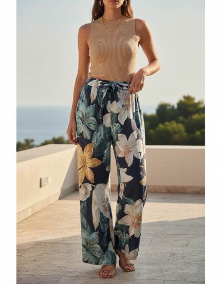 Pantalon En Lin Fleuri Ample Fluide Estival Noir