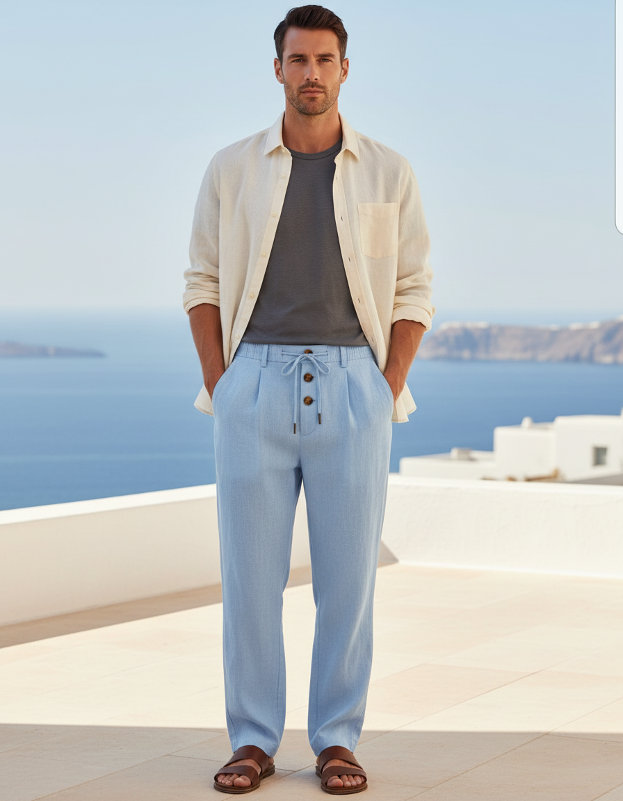 Pantalon En Lin Bleu Ciel Décontracté Ample Cordon Léger