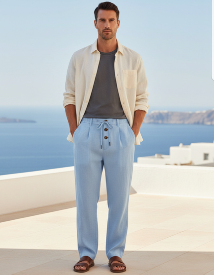 Pantalon En Lin Bleu Ciel Décontracté Ample Cordon Léger