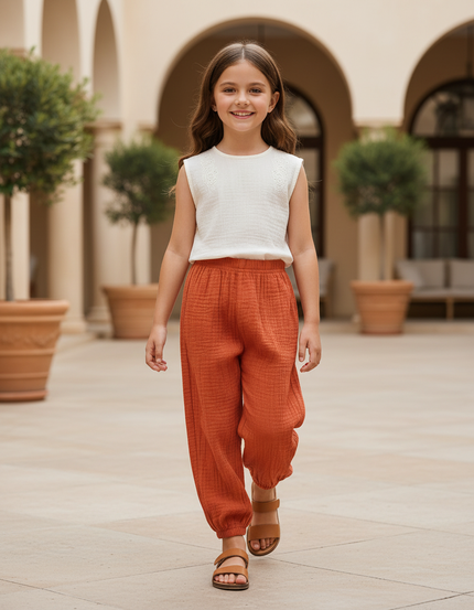 Pantalon En Lin Ample Orange Coton Respirant Enfant