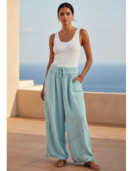 Pantalon En Lin Ample Bleu Ciel Cargo Femme