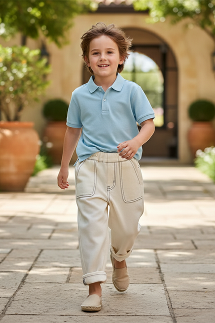 Pantalon En Lin Crème Ample Surpiqué Garçon - Beige