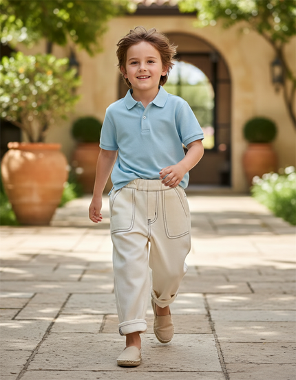 Pantalon En Lin Crème Ample Surpiqué Garçon - Beige