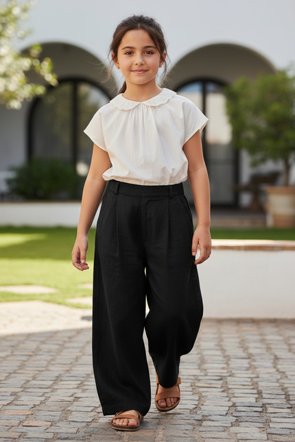 Pantalon En Lin Noir Ample Plissé Enfant