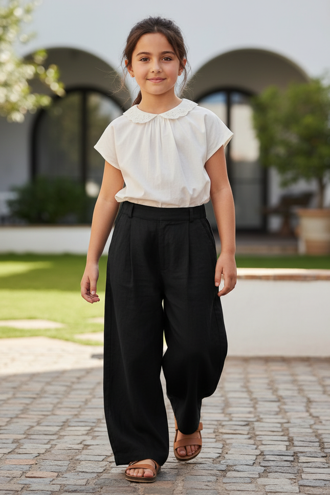 Pantalon En Lin Noir Ample Plissé Enfant