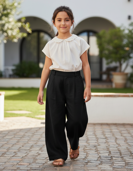 Pantalon En Lin Noir Ample Plissé Enfant