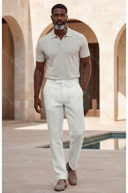 Pantalon En Lin Blanc Décontracté Droit Homme