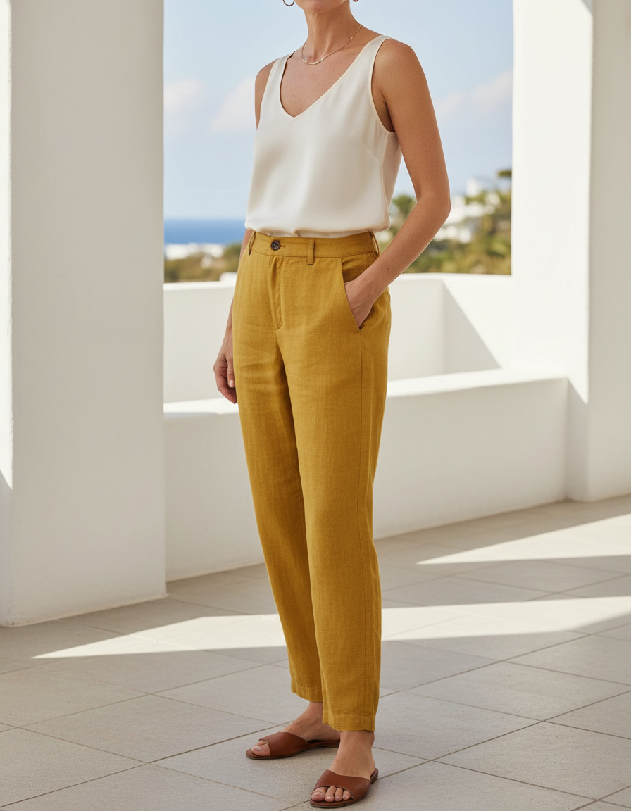 Pantalon En Lin Jaune Moutarde Décontracté Coupe Droite