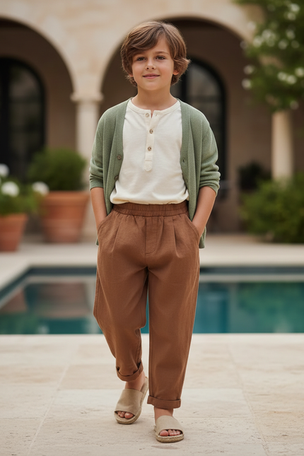 Pantalon En Lin Marron Ample Plissé Décontracté Enfant