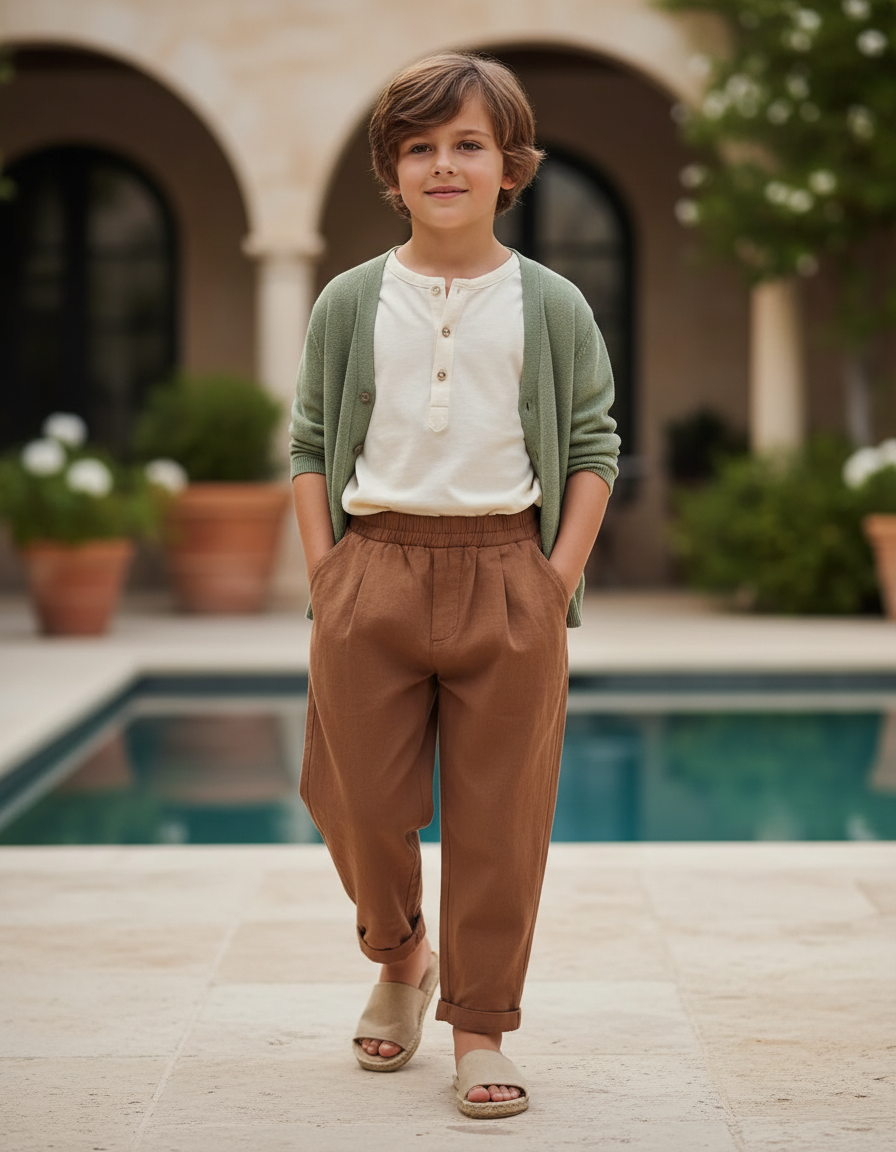 Pantalon En Lin Marron Ample Plissé Décontracté Enfant