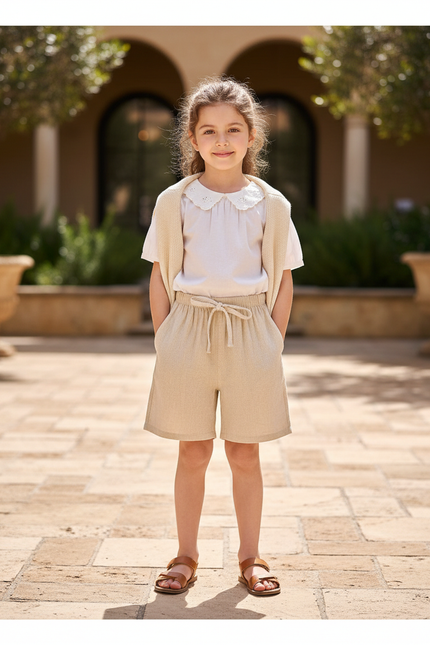 Pantalon En Lin Beige Court Décontracté Enfant