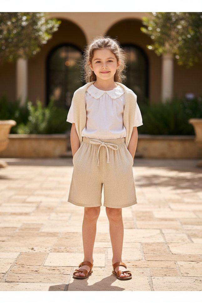 Pantalon En Lin Beige Court Décontracté Enfant