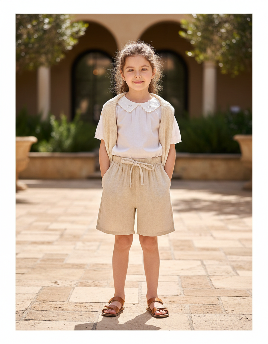 Pantalon En Lin Beige Court Décontracté Enfant