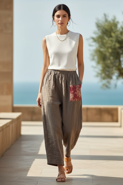 Pantalon En Lin Ample Marron Décontracté Patchwork Bohème