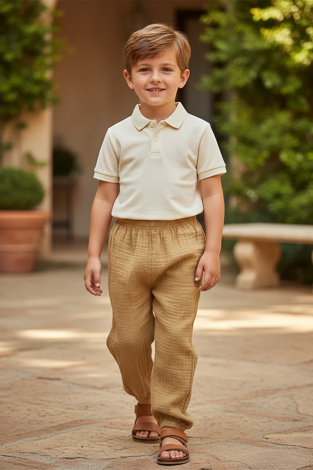 Pantalon En Lin Enfant Ample Marron Plissé Décontracté - Camel