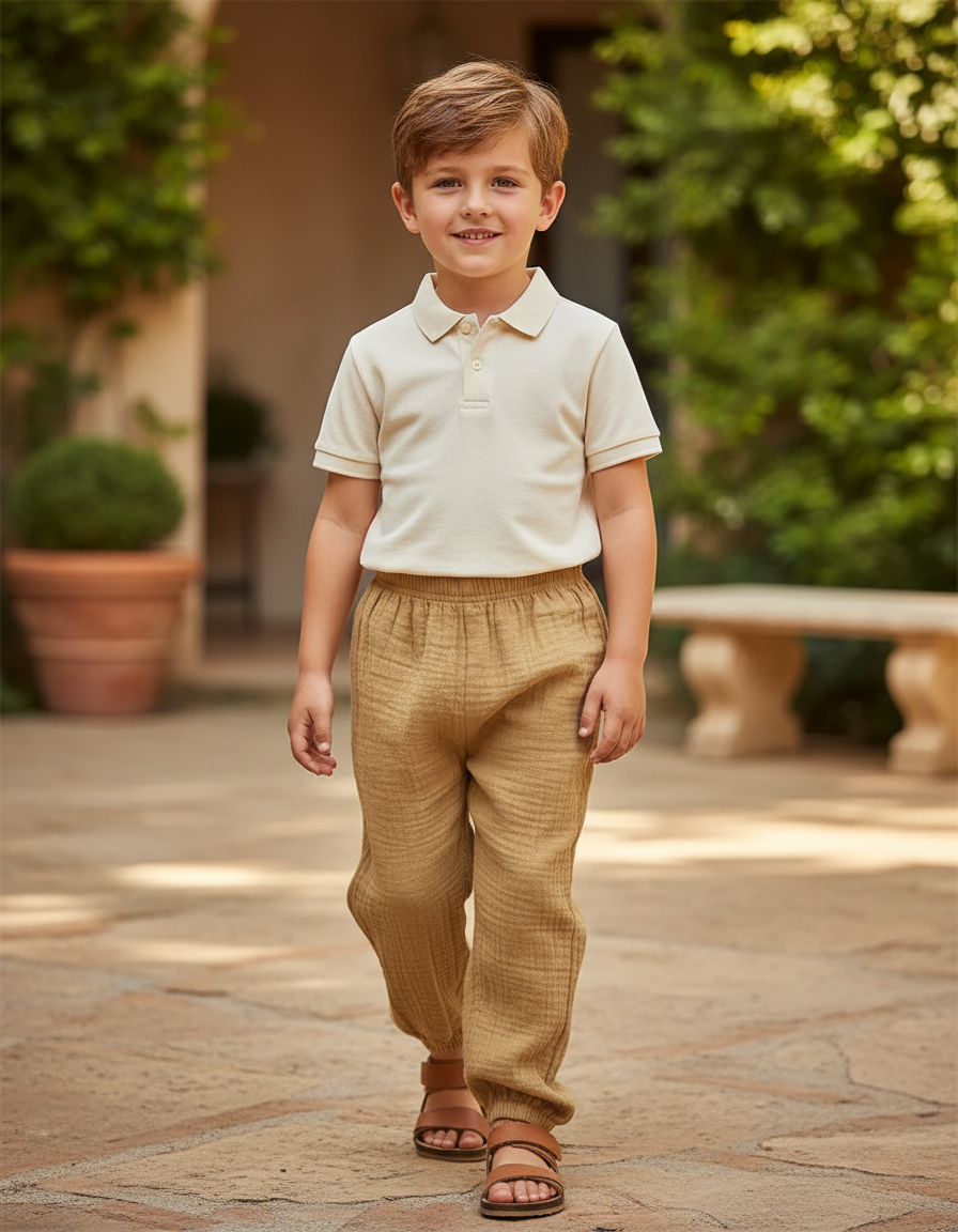 Pantalon En Lin Enfant Ample Marron Plissé Décontracté - Camel