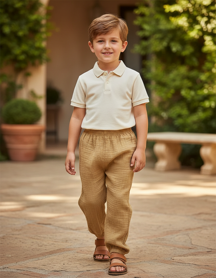Pantalon En Lin Enfant Ample Marron Plissé Décontracté - Camel