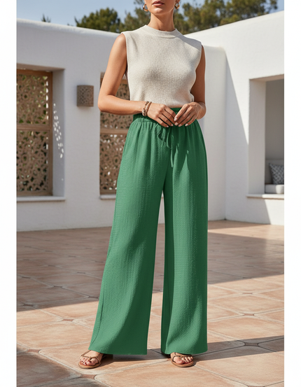 Pantalon En Lin Vert Ample Taille Haute Fluide