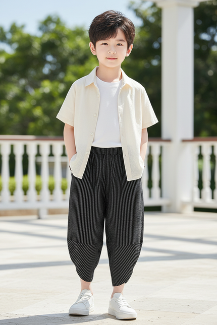 Pantalon En Lin Rayé Noir Ample Garçon Décontracté