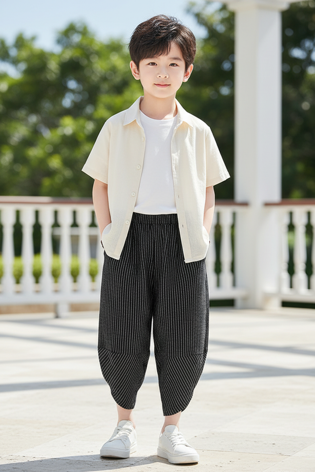 Pantalon En Lin Rayé Noir Ample Garçon Décontracté