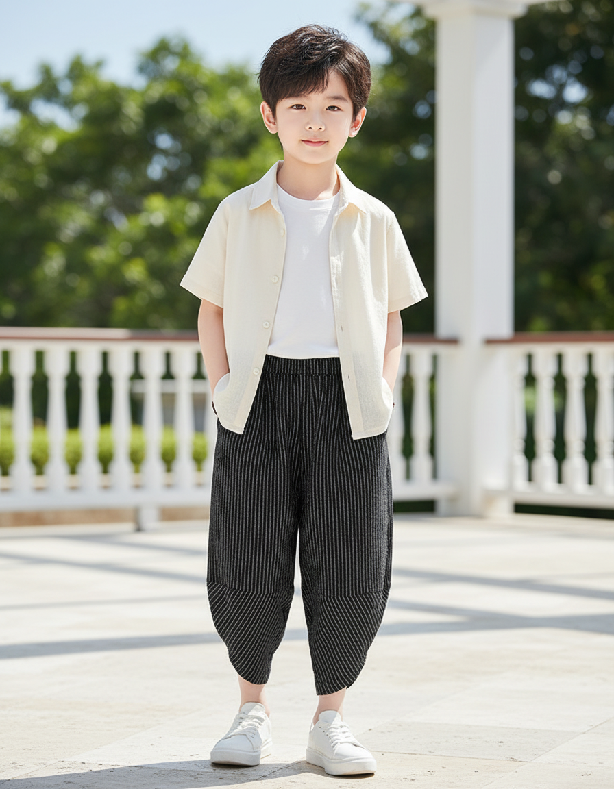 Pantalon En Lin Rayé Noir Ample Garçon Décontracté