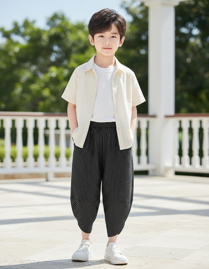 Pantalon En Lin Rayé Noir Ample Garçon Décontracté
