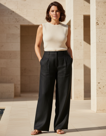 Pantalon En Lin Noir Ample Plissé Fluide Élégant